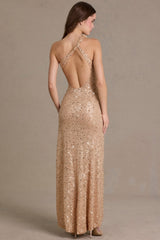 Premium Embellished Asymmetric One-Shoulder Maxi Dress in Beige Gold