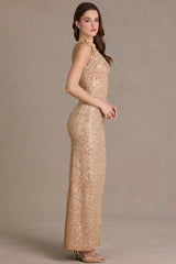 Premium Embellished Asymmetric One-Shoulder Maxi Dress in Beige Gold