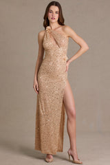 Premium Embellished Asymmetric One-Shoulder Maxi Dress in Beige Gold