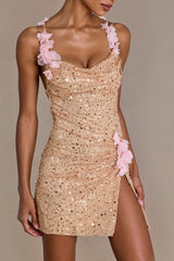 Premium Embellished Open-Back Mini Dress in Gold