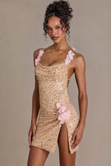 Premium Embellished Open-Back Mini Dress in Gold