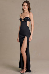 Premium Satin Embellished Bralette Gown in Black