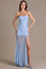 Premium Embellished Lace Corset Gown in Sky Blue