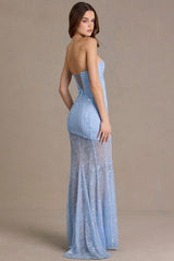 Premium Embellished Lace Corset Gown in Sky Blue
