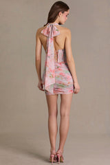 Premium Embellished Draped Mini Dress in Pink Floral Print