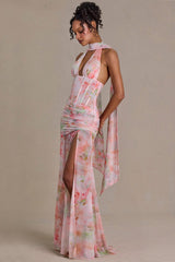 Premium Embellished Scarf-Detail Maxi Dress in Pink Floral Print