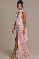Premium Embellished Scarf-Detail Maxi Dress in Pink Floral Print