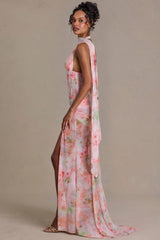 Premium Embellished Scarf-Detail Maxi Dress in Pink Floral Print