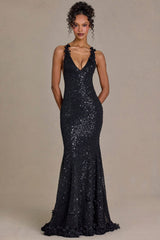 Premium Embellished Plunge Open-Back Gown in Black