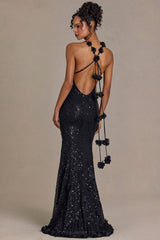 Premium Embellished Plunge Open-Back Gown in Black