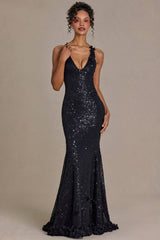 Premium Embellished Plunge Open-Back Gown in Black