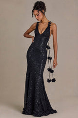 Premium Embellished Plunge Open-Back Gown in Black