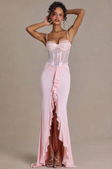 Premium Embellished Lace Corset Gown in Baby Pink