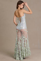 Premium Embellished Tulle Corset Gown in Sage Green
