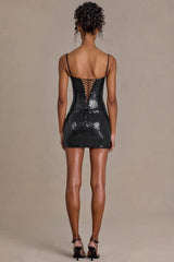 Premium Sequin Lace Corset Mini Dress in Black