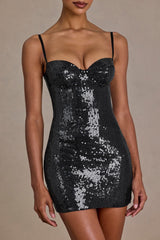 Premium Sequin Lace Corset Mini Dress in Black