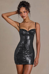 Premium Sequin Lace Corset Mini Dress in Black