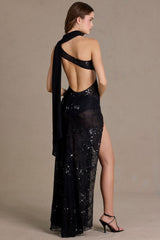 Premium Sequin Lace Scarf-Detail Maxi Dress in Black