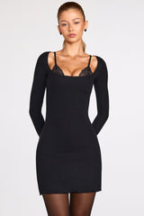 Ribbed Modal Long-Sleeve Laced Bra Mini Dress in Black