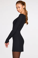 Ribbed Modal Long-Sleeve Laced Bra Mini Dress in Black
