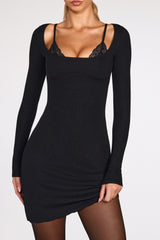 Ribbed Modal Long-Sleeve Laced Bra Mini Dress in Black