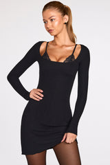 Ribbed Modal Long-Sleeve Laced Bra Mini Dress in Black
