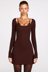 Ribbed Modal Long-Sleeve Laced Bra Mini Dress in Chocolate Brown