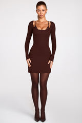 Ribbed Modal Long-Sleeve Laced Bra Mini Dress in Chocolate Brown