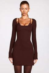 Ribbed Modal Long-Sleeve Laced Bra Mini Dress in Chocolate Brown