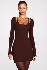 Ribbed Modal Long-Sleeve Laced Bra Mini Dress in Chocolate Brown