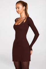 Ribbed Modal Long-Sleeve Laced Bra Mini Dress in Chocolate Brown