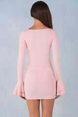 Ribbed Modal Long-Sleeve Draped Mini Dress in Blush Pink