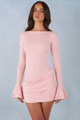 Ribbed Modal Long-Sleeve Draped Mini Dress in Blush Pink