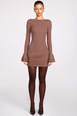 Ribbed Modal Long-Sleeve Draped Mini Dress in Mocha