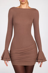 Ribbed Modal Long-Sleeve Draped Mini Dress in Mocha