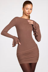 Ribbed Modal Long-Sleeve Draped Mini Dress in Mocha