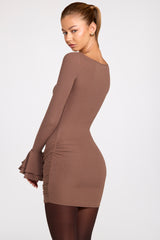 Ribbed Modal Long-Sleeve Draped Mini Dress in Mocha