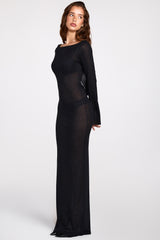 Sheer Jersey Long-Sleeve Backless Maxi Dress in Black