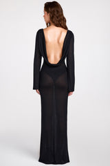 Sheer Jersey Long-Sleeve Backless Maxi Dress in Black