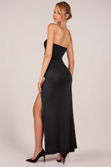 Bandeau Draped Thigh-High Maxi Dress in Black