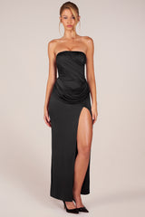 Bandeau Draped Thigh-High Maxi Dress in Black