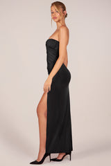 Bandeau Draped Thigh-High Maxi Dress in Black