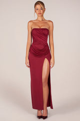 Bandeau Draped Thigh-High Maxi Dress in Cherry Red