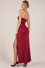 Bandeau Draped Thigh-High Maxi Dress in Cherry Red