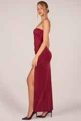 Bandeau Draped Thigh-High Maxi Dress in Cherry Red