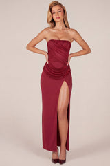 Bandeau Draped Thigh-High Maxi Dress in Cherry Red