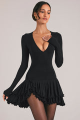 V-Neck Ruffle Skirt Mini Dress in Black