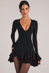 V-Neck Ruffle Skirt Mini Dress in Black
