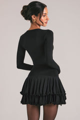 V-Neck Ruffle Skirt Mini Dress in Black