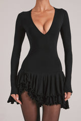 V-Neck Ruffle Skirt Mini Dress in Black